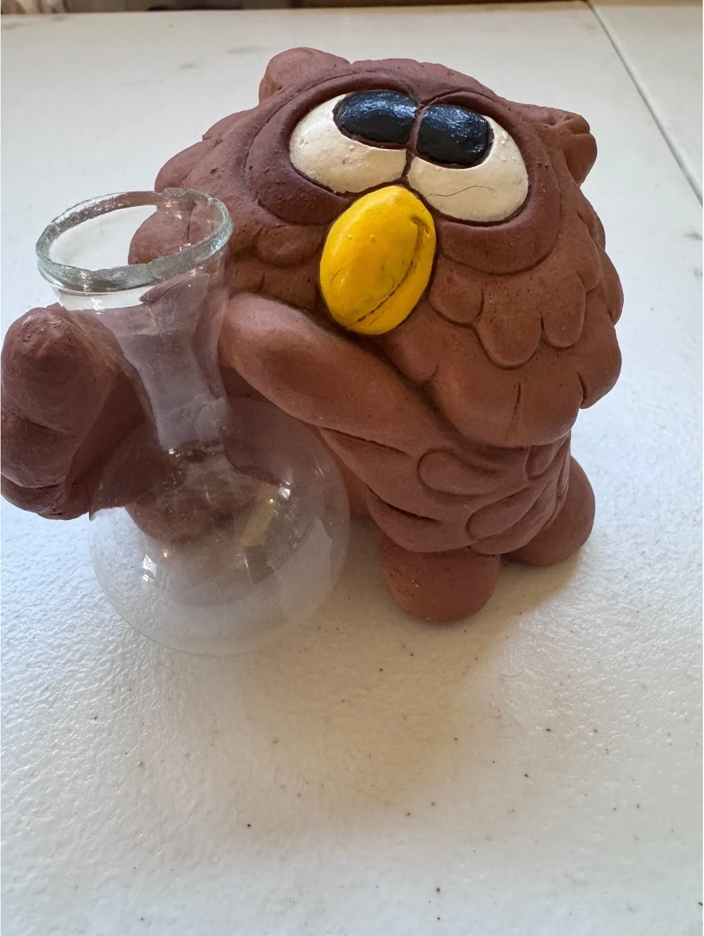 Meyers Creations Owl Figurine w Glass Bud Vase Handmade Pottery USA Vintage